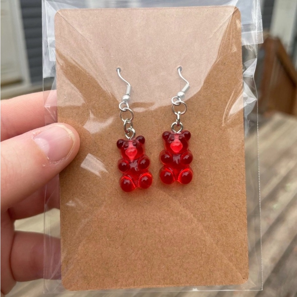 Hand-Pieced Red Gummy Bear Earrings